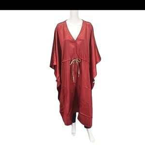 dennis basso Satin V-Neck Caftan in Deep Red with Drawstring